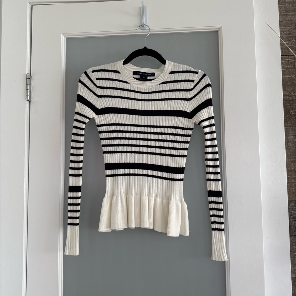 FRENCH CONNECTION Navy and White Striped Sweater Peplum